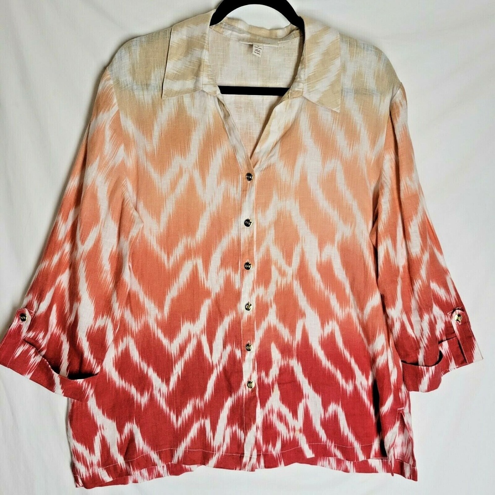 JM Collection 100% Linen Shirt Mountain Lake Rose Ombre Button Down Size 14 (L)